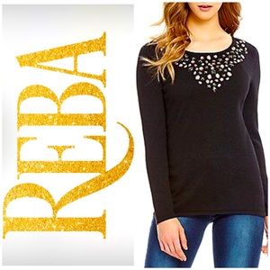 Reba Pretty BLACK Long Sleeve Sweater embellished w/Black & White 💎Stones SZ XL